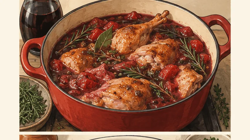 Maltese Stuffat tal-Fenek Rabbit Stew, step 4: Return meat with wine and stock.