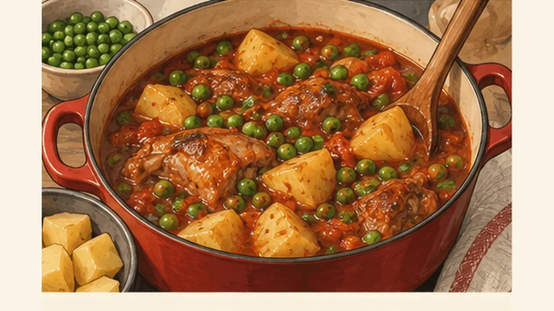 Maltese Stuffat tal-Fenek Rabbit Stew, step 6: Add potatoes and finish with peas.