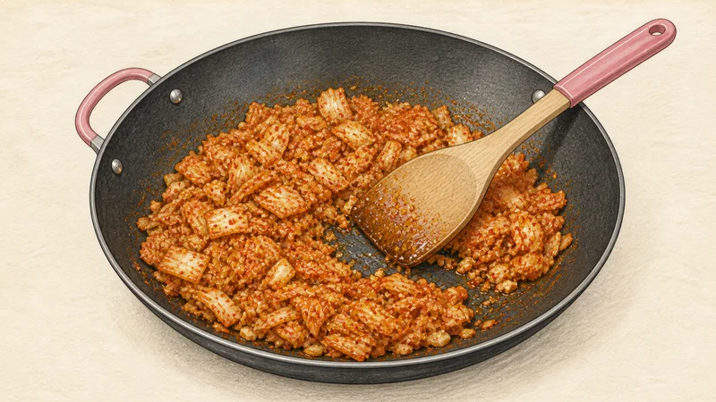 Kimchi sundubu jjigae, step 3: Fry kimchi and garlic.