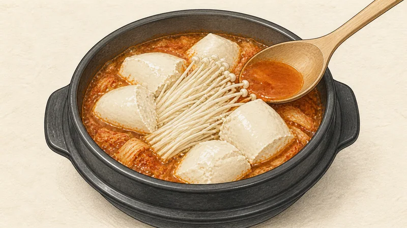 Kimchi sundubu jjigae, step 5: Add tofu and enoki.