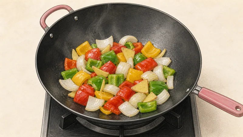 Sweet & sour pork, step 6: Stir-fry the vegetables.