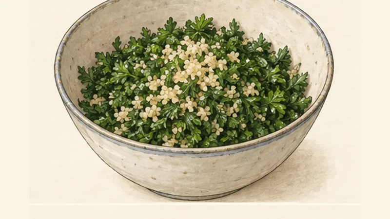 Lebanese Tabbouleh, step 4: Mix the herbs and bulgur.