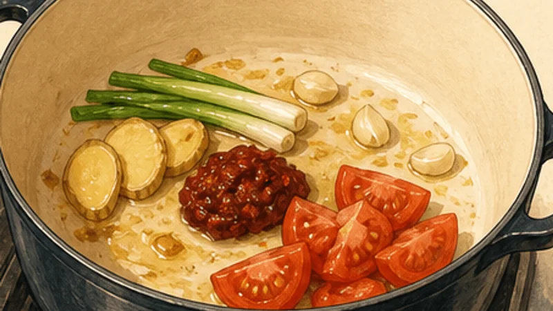 Taiwanese Beef Noodle Soup, step 4: Fry tomato and doubanjiang.