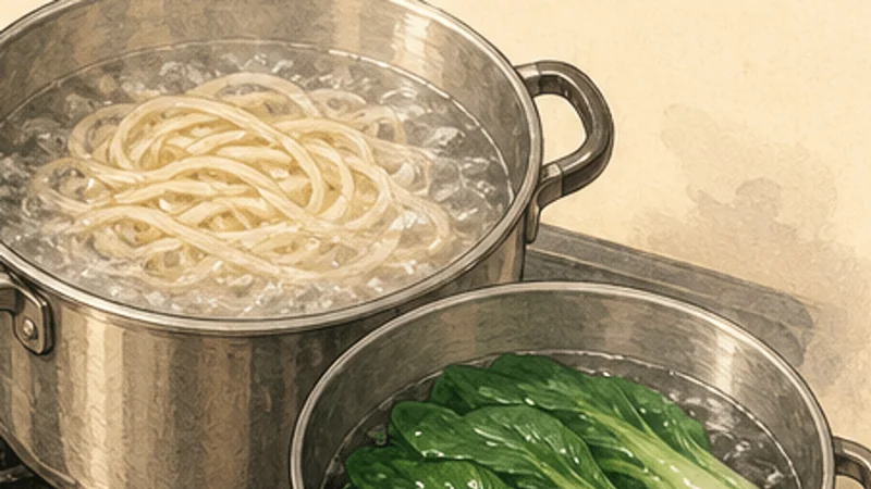Taiwanese Beef Noodle Soup, step 7: Cook noodles and greens.