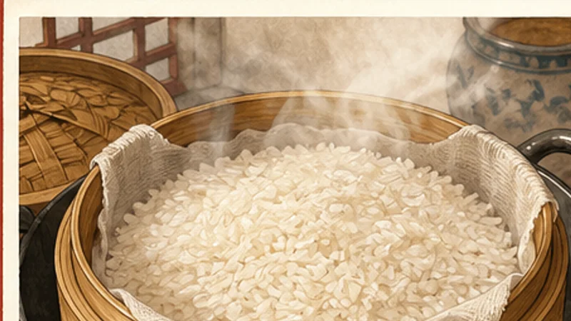 Taiwanese Oil Rice, step 2: Steam the rice until translucent.