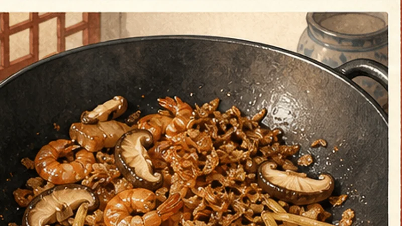 Taiwanese Oil Rice, step 4: Fry the aromatic ingredients.