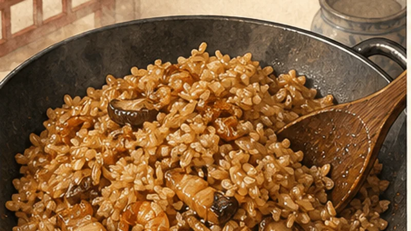Taiwanese Oil Rice, step 6: Fold rice through the sauce.