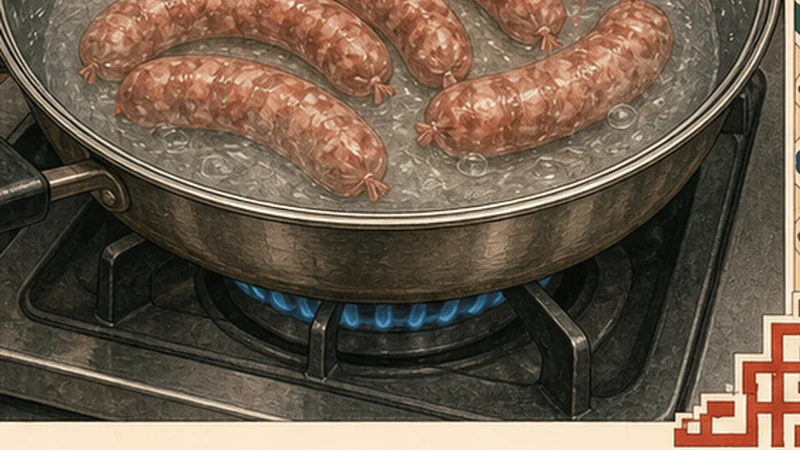 Homemade Taiwanese Sausage, step 9: Covered water-pan simmer.