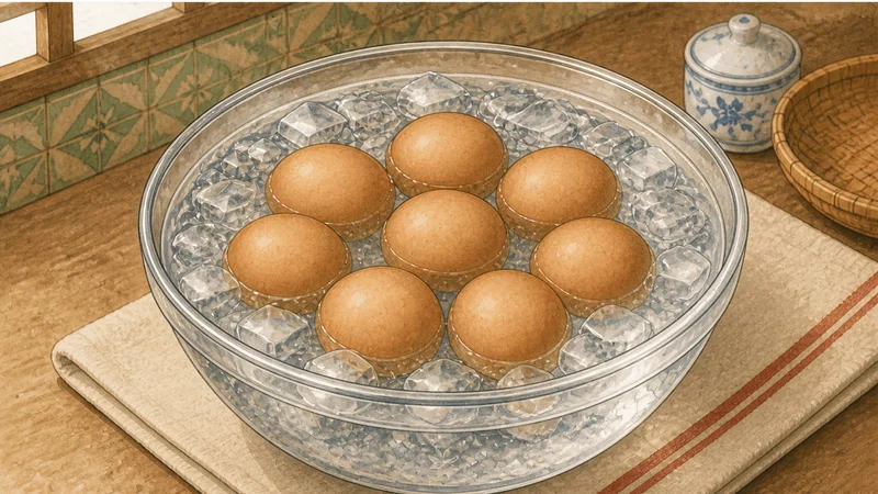 Taiwanese Tea Eggs, step 2: Stop the cooking in ice water.