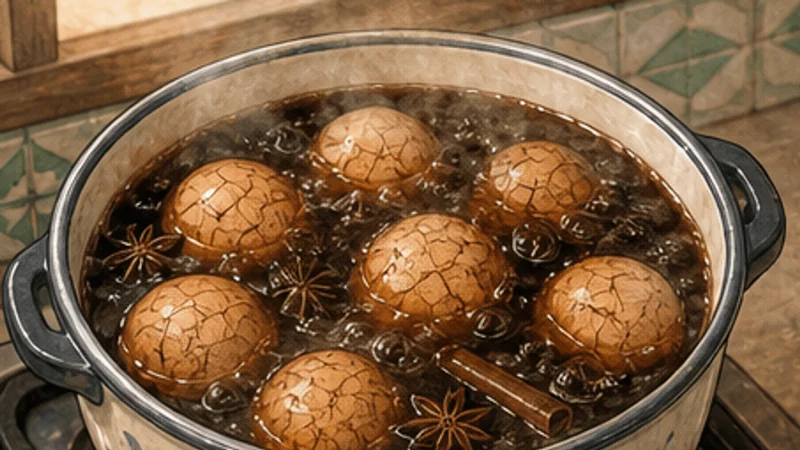 Taiwanese Tea Eggs, step 5: Simmer the cracked eggs.