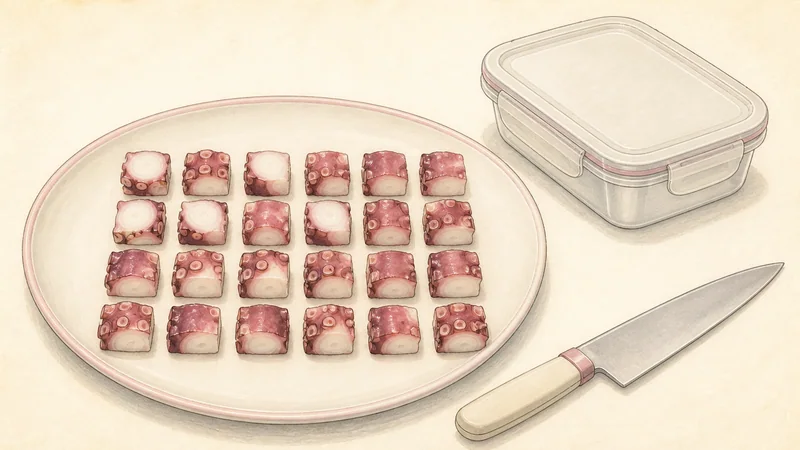 Takoyaki, step 1: Cut the cooked octopus.