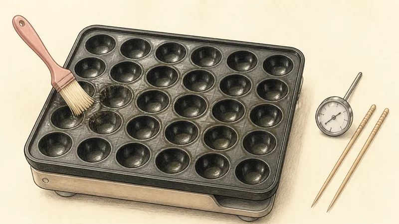 Takoyaki, step 3: Heat and oil the pan.