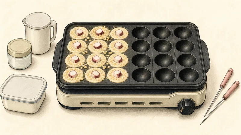 Takoyaki, step 4: Fill the first 12 wells.