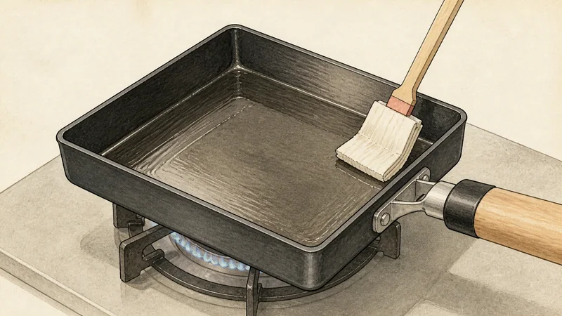 Classic layered tamagoyaki, step 3: Warm the square pan.