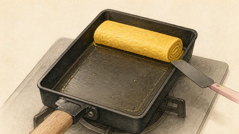 Classic layered tamagoyaki, step 5: Roll toward the handle.