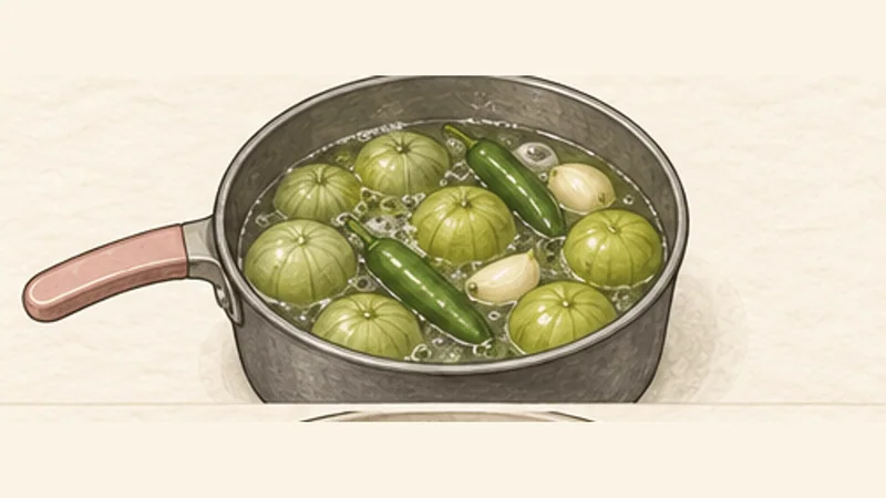 Tamales de Pollo en Salsa Verde, step 4: Simmer the tomatillos.