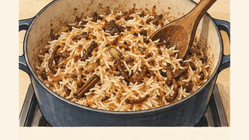Tanzanian Beef Pilau, step 4: Coat rice and add broth.