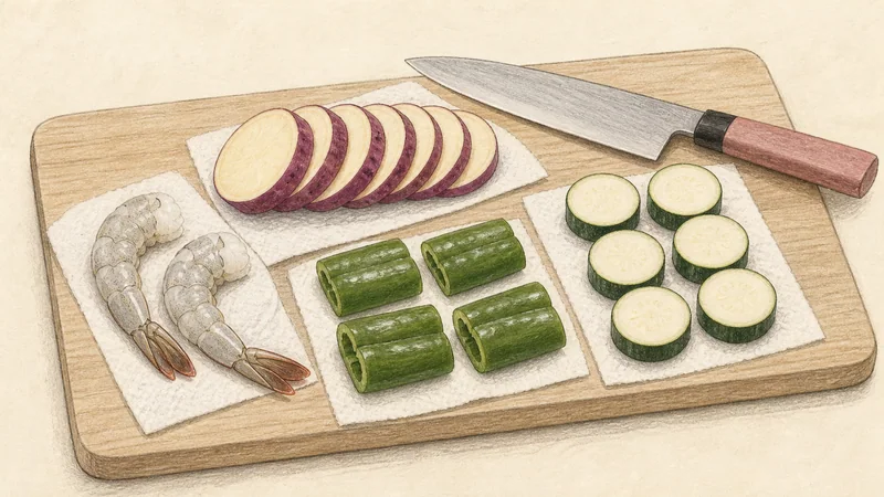 Shrimp and vegetable tempura, step 1: Cut the listed ingredients.