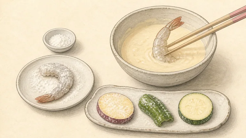 Shrimp and vegetable tempura, step 6: Dust and dip.