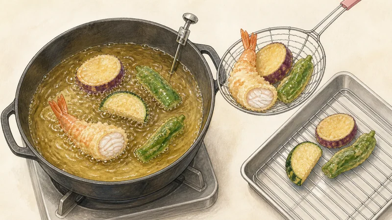 Shrimp and vegetable tempura, step 7: Fry and drain in batches.
