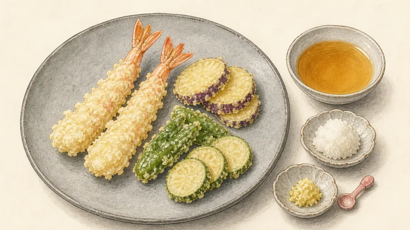 Shrimp and vegetable tempura, step 8: Serve with tentsuyu.