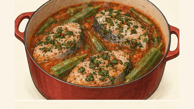 Senegalese Ceebu Jën (Thiéboudienne), step 5: Cook the fish and finish the vegetables.