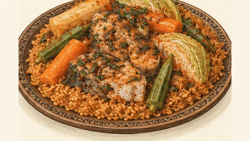 Senegalese Ceebu Jën (Thiéboudienne), step 7: Plate the shared meal.
