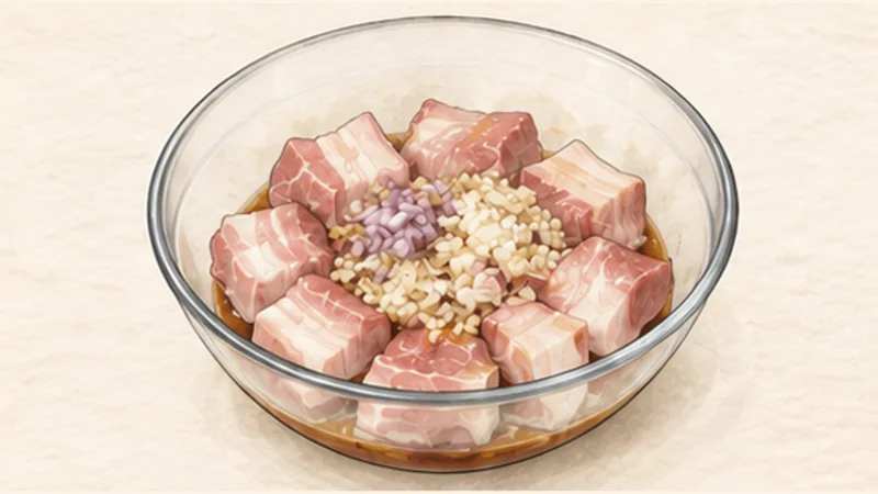Thịt kho trứng — pork and eggs in coconut water, step 1: Marinate the pork.