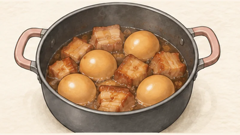 Thịt kho trứng — pork and eggs in coconut water, step 6: Let the eggs absorb the broth.