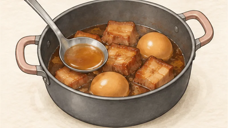 Thịt kho trứng — pork and eggs in coconut water, step 7: Balance the light braising sauce.