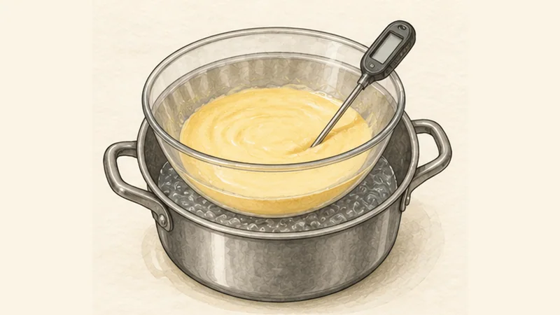 Tiramisù, step 2: Warm the yolks safely.