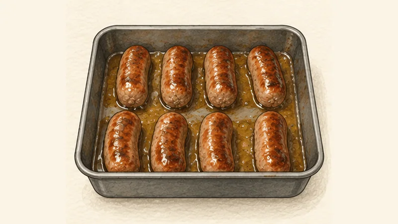 Toad in the Hole, step 3: Heat the tin and start the sausages.