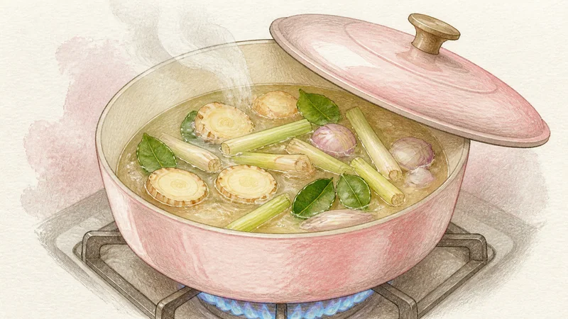 Tom Kha Gai, step 1: Infuse stock before coconut.