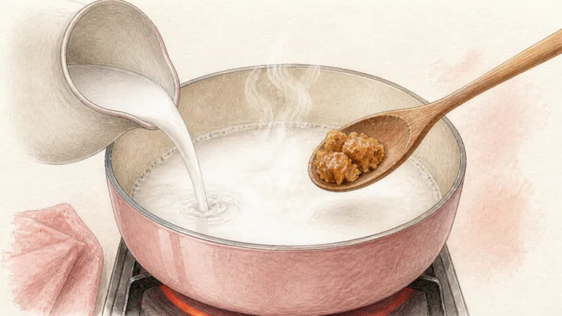 Tom Kha Gai, step 2: Add coconut without splitting.