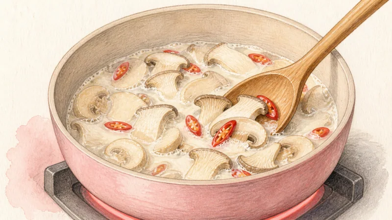 Tom Kha Gai, step 4: Cook mushrooms briefly.