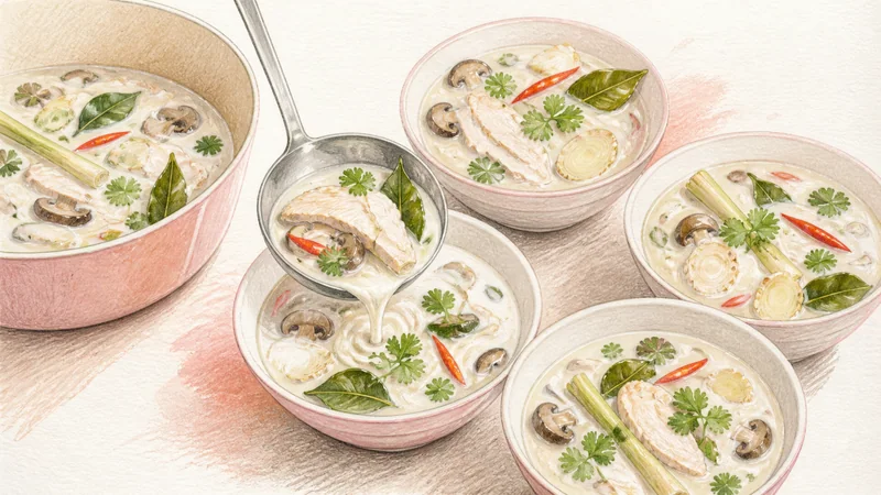 Tom Kha Gai, step 6: Serve with aromatic pieces visible.