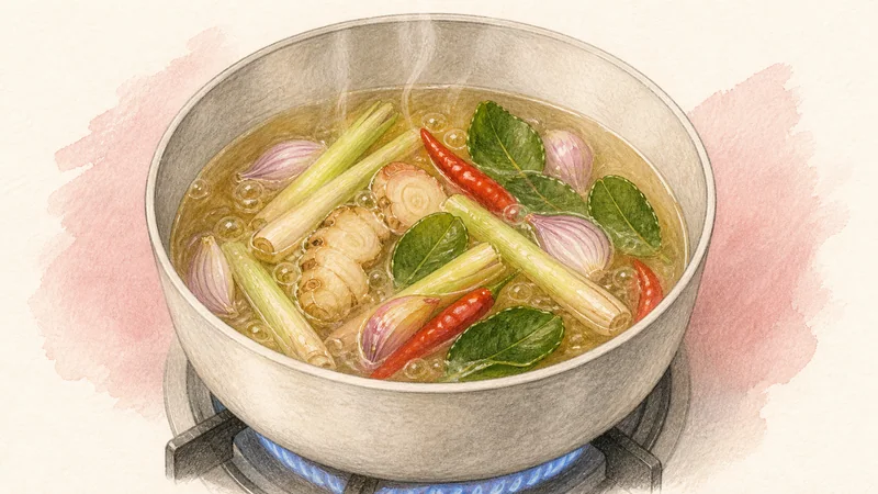 Clear Tom Yum Goong, step 3: Infuse the aromatics.