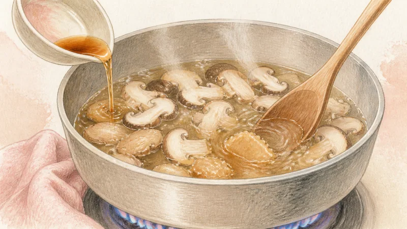 Clear Tom Yum Goong, step 4: Cook the mushrooms.