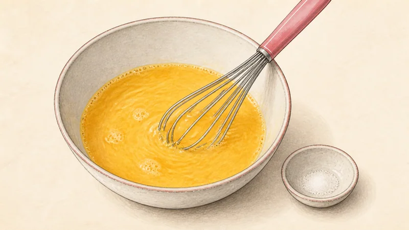 Tomato and egg stir-fry, step 2: Beat and season the eggs.