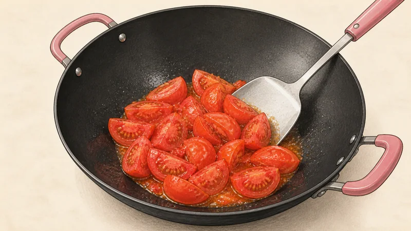 Tomato and egg stir-fry, step 5: Soften the tomatoes.