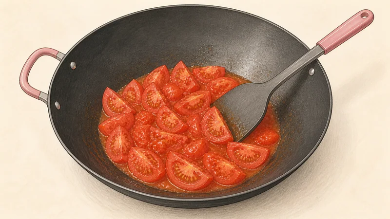 Tomato and egg stir-fry, step 7: Reduce the tomato juices.