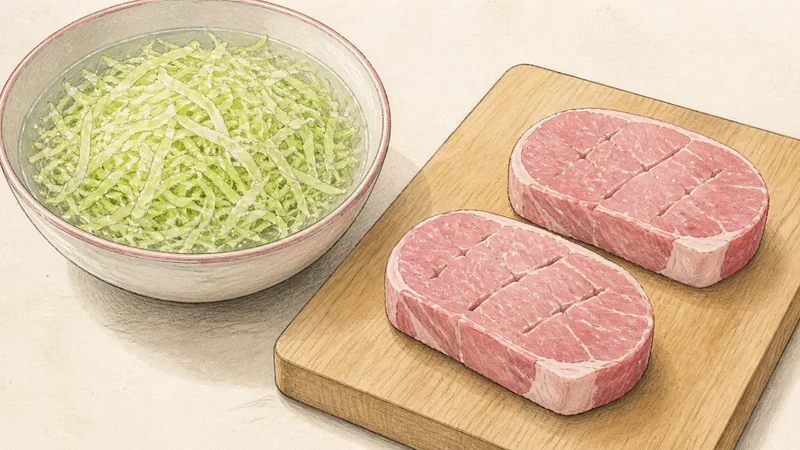 Tonkatsu, step 2: Prepare cabbage and pork.