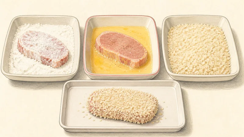 Tonkatsu, step 4: Set up three breading dishes.