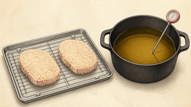 Tonkatsu, step 5: Rest and heat the oil.