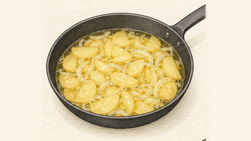 Tortilla Española, step 2: Soften potatoes and onion.