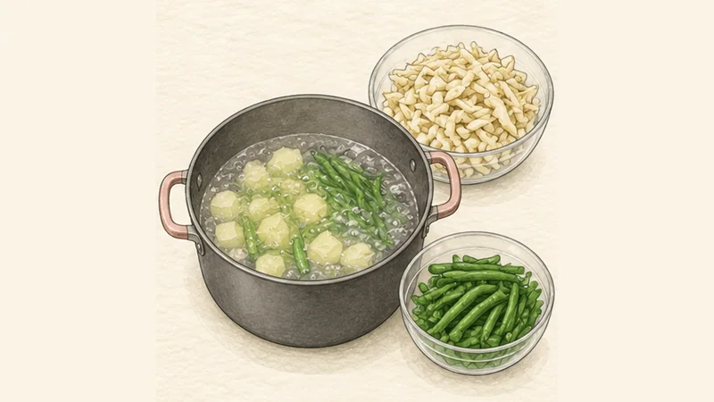 Trofie al Pesto Genovese, step 2: Start the potatoes.