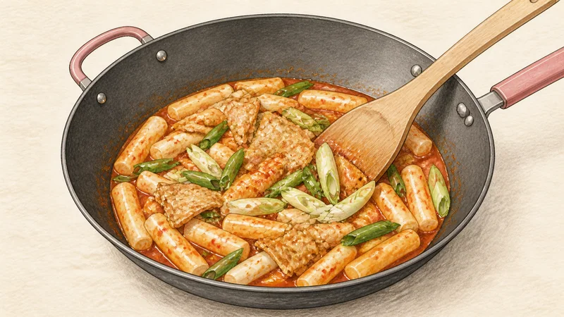 Tteokbokki, step 4: Add fish cake and scallions.