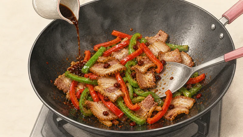 Twice-cooked pork, step 7: Cook both peppers.