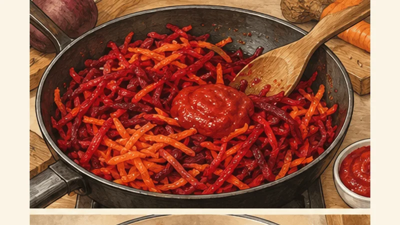 Ukrainian Borshch with Pork, step 2: Sauté the beet and carrot.