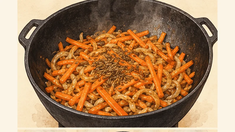 Uzbek Plov (Palov), step 3: Cook the onion and carrot.